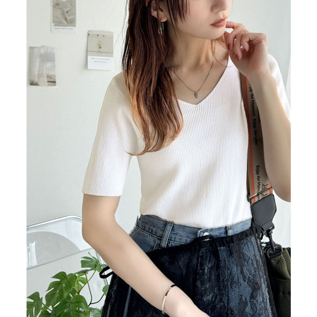 クラシカルエルフ Classical Elf 夏も快適♪Vネックハーフスリーブリブニット （オフホワイト） オフホワイト