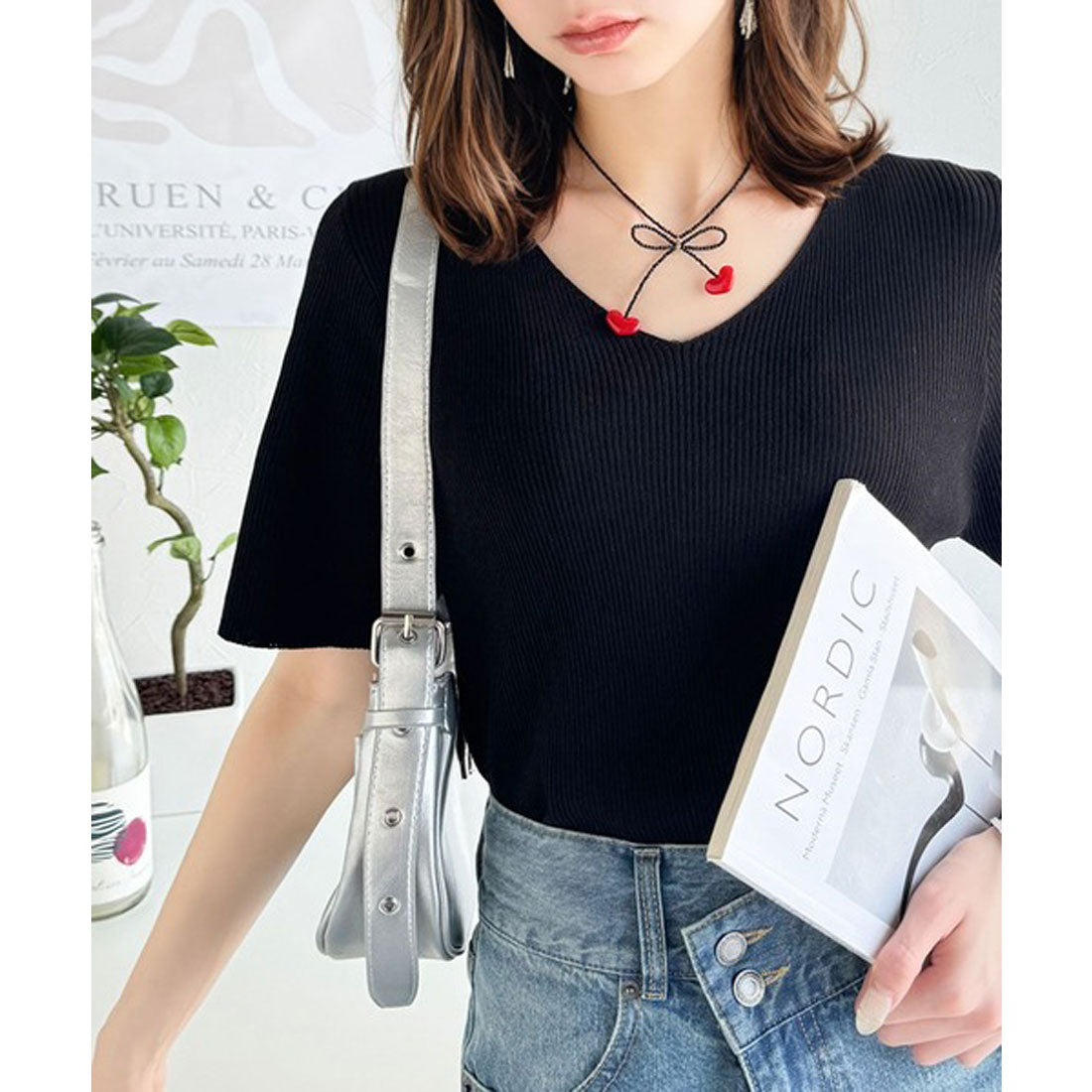 クラシカルエルフ Classical Elf 夏も快適♪Vネックハーフスリーブリブニット （オフホワイト） オフホワイト