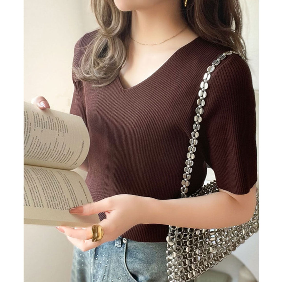 クラシカルエルフ Classical Elf 夏も快適♪Vネックハーフスリーブリブニット （オフホワイト） オフホワイト