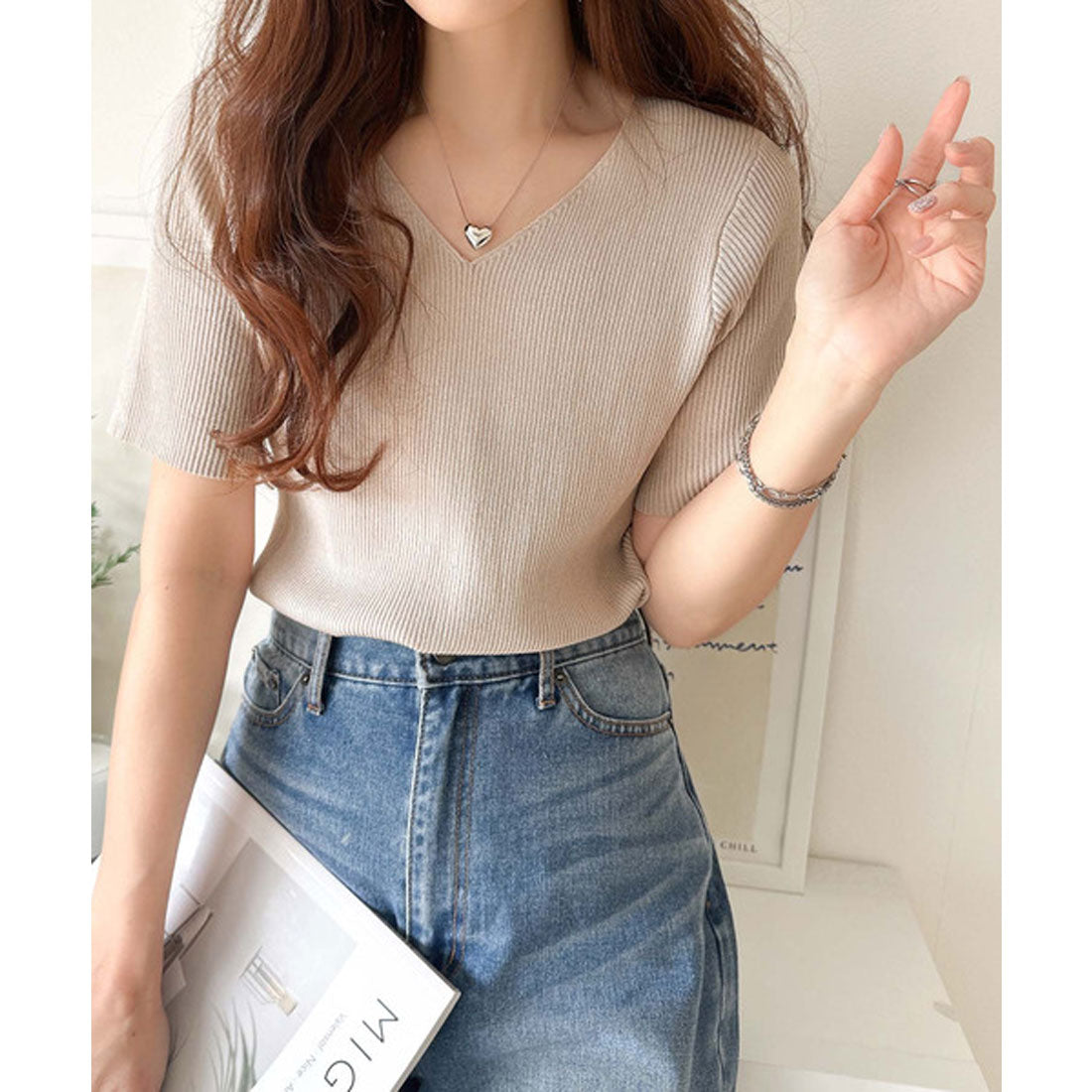 クラシカルエルフ Classical Elf 夏も快適♪Vネックハーフスリーブリブニット （グレージュ） グレージュ