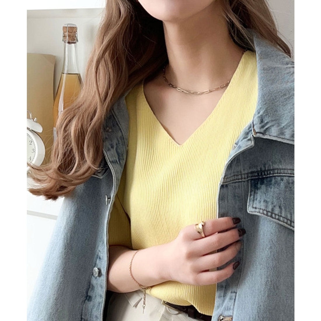 クラシカルエルフ Classical Elf 夏も快適♪Vネックハーフスリーブリブニット （イエロー） イエロー