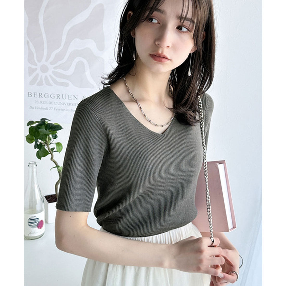 クラシカルエルフ Classical Elf 夏も快適♪Vネックハーフスリーブリブニット （チャコール） チャコール