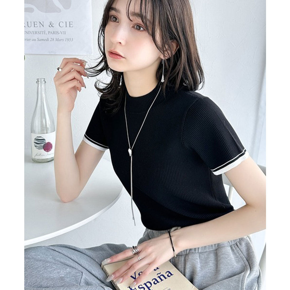 クラシカルエルフ Classical Elf 大人の洗練トップス。配色フレンチスリーブボトルネックリブニット （グレージュ） グレージュ