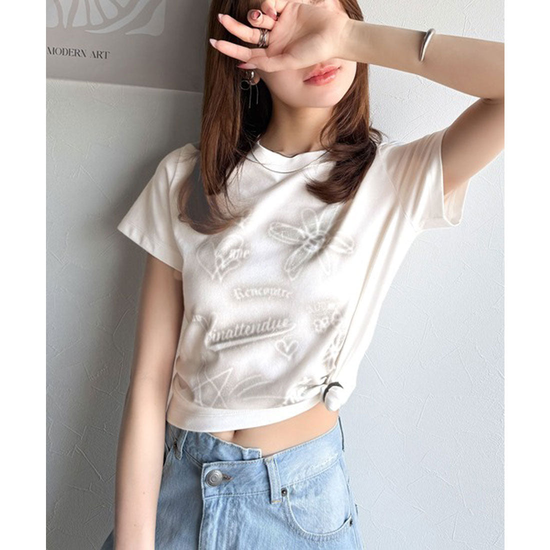 クラシカルエルフ Classical Elf 【mily bilet】大人可愛い最旬プリント柄。スプレーライクプリントコンパクトTシャツ（半袖） （ホワイト） ホワイト