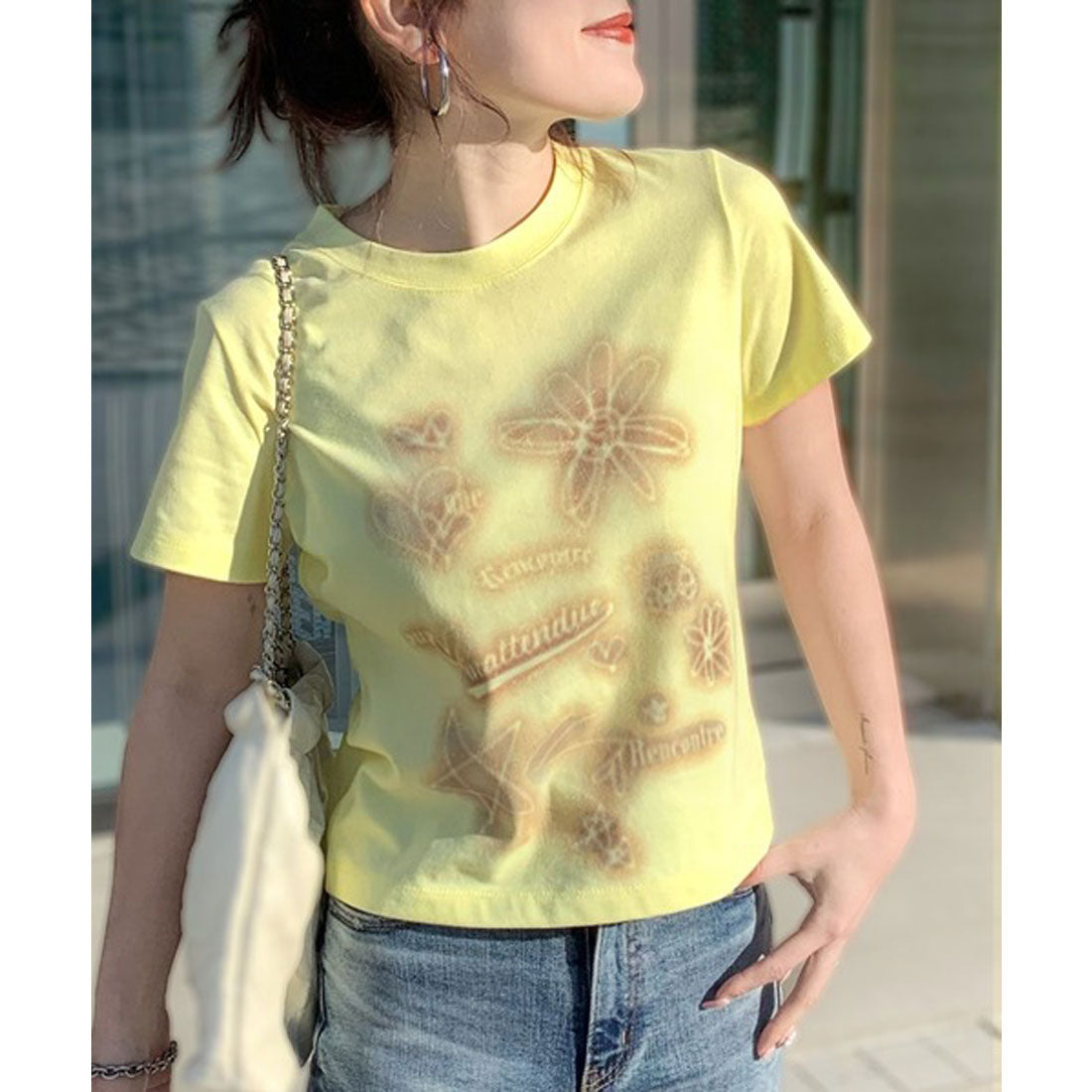 クラシカルエルフ Classical Elf 【mily bilet】大人可愛い最旬プリント柄。スプレーライクプリントコンパクトTシャツ（半袖） （イエロー） イエロー