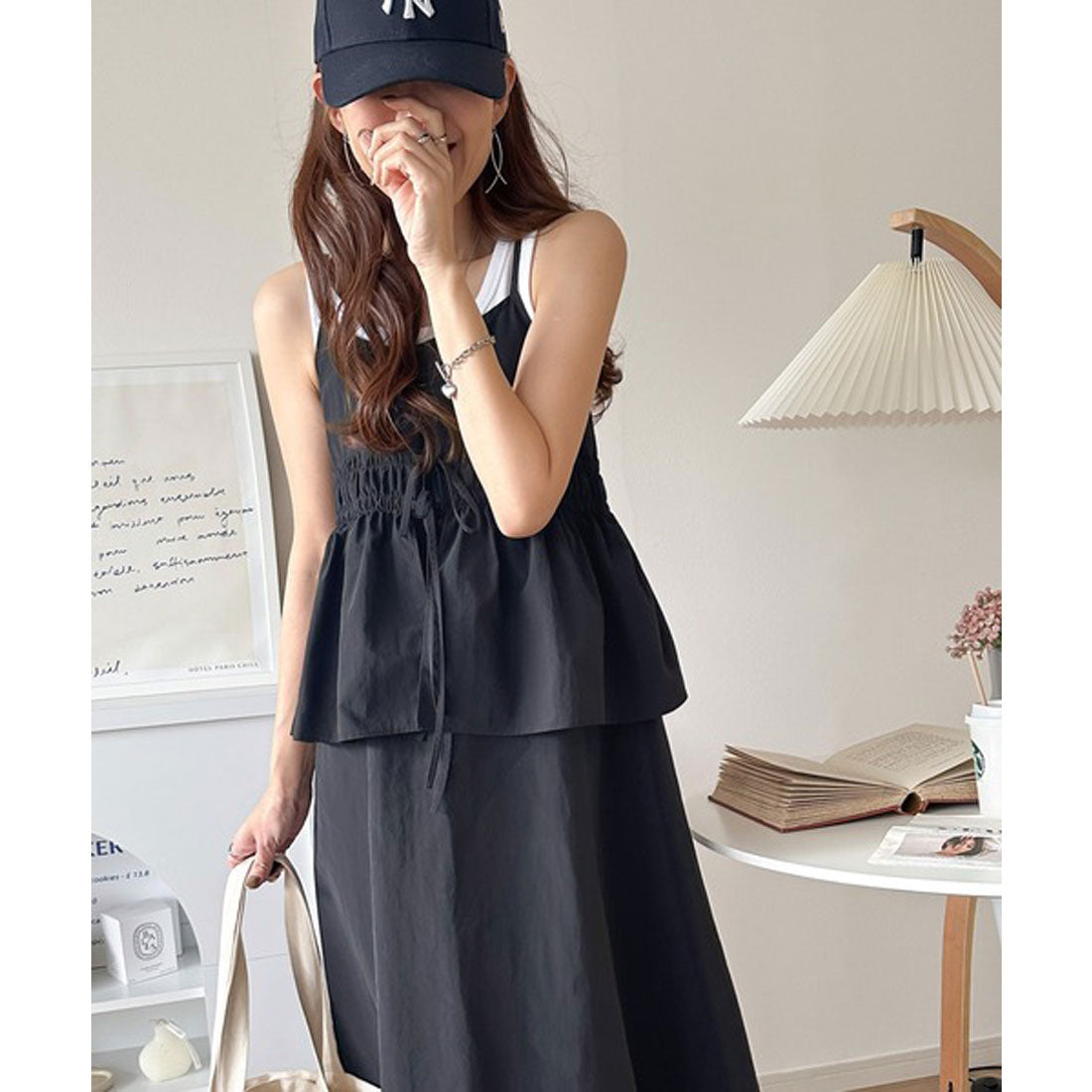 クラシカルエルフ Classical Elf 春 夏 のマストハブ！1枚で即、旬顔。フェイクレイヤードギャザーキャミワンピース （ブラック） ブラック