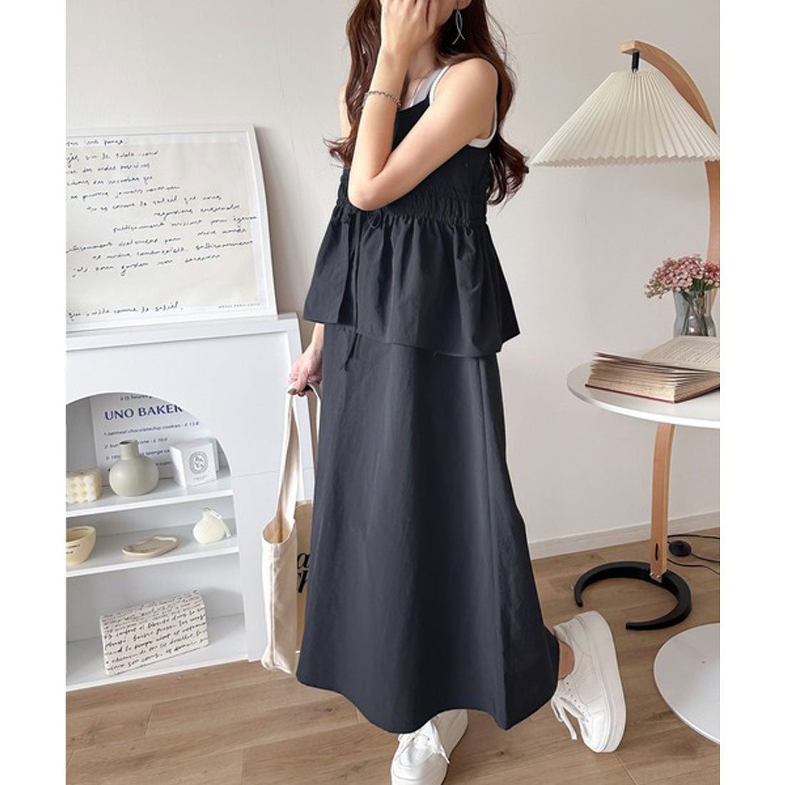 クラシカルエルフ Classical Elf 春 夏 のマストハブ！1枚で即、旬顔。フェイクレイヤードギャザーキャミワンピース （ブラック） ブラック