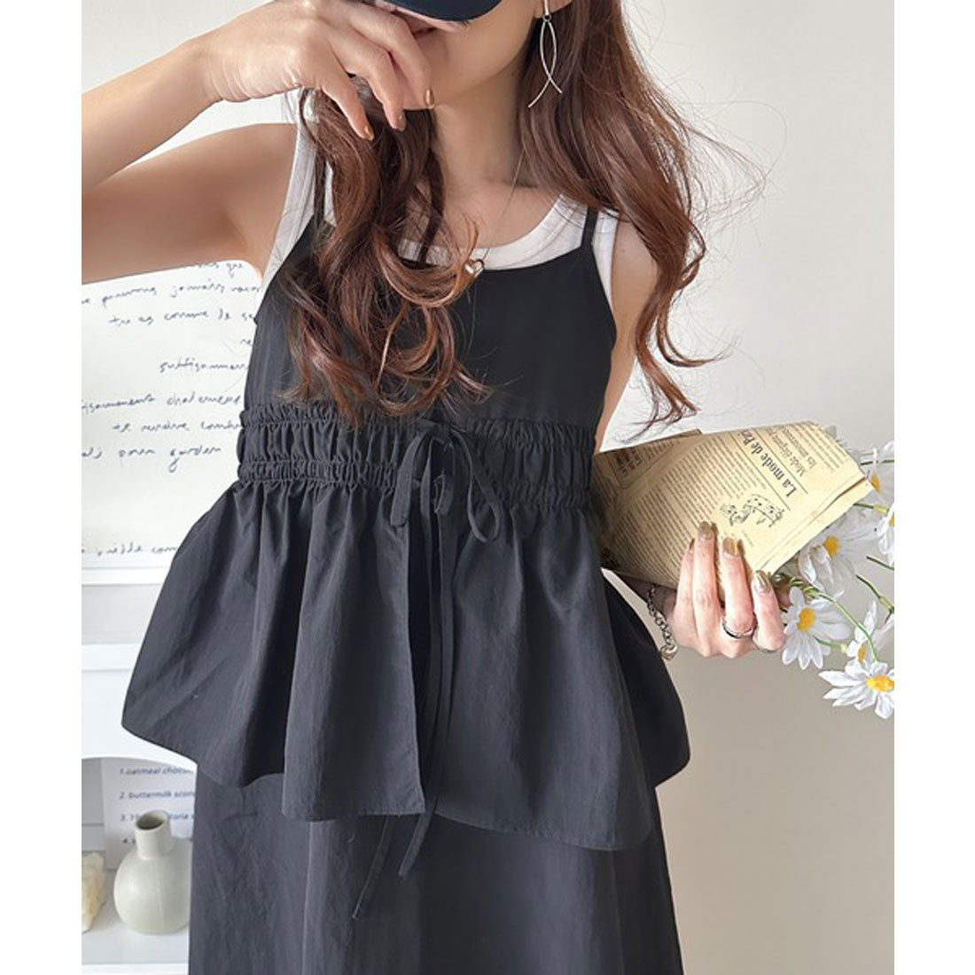 クラシカルエルフ Classical Elf 春 夏 のマストハブ！1枚で即、旬顔。フェイクレイヤードギャザーキャミワンピース （ブラック） ブラック