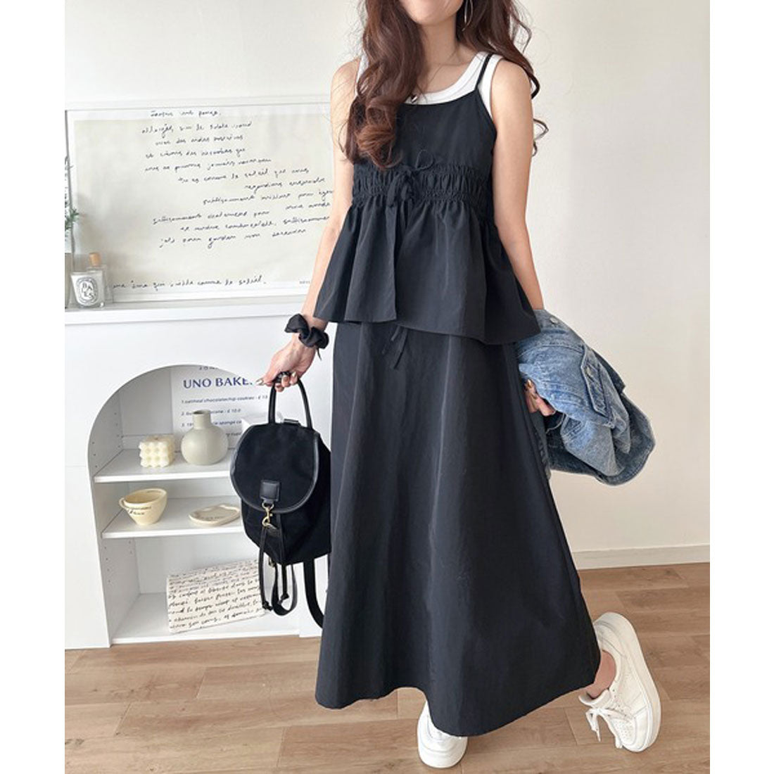 クラシカルエルフ Classical Elf 春 夏 のマストハブ！1枚で即、旬顔。フェイクレイヤードギャザーキャミワンピース （ブラック） ブラック