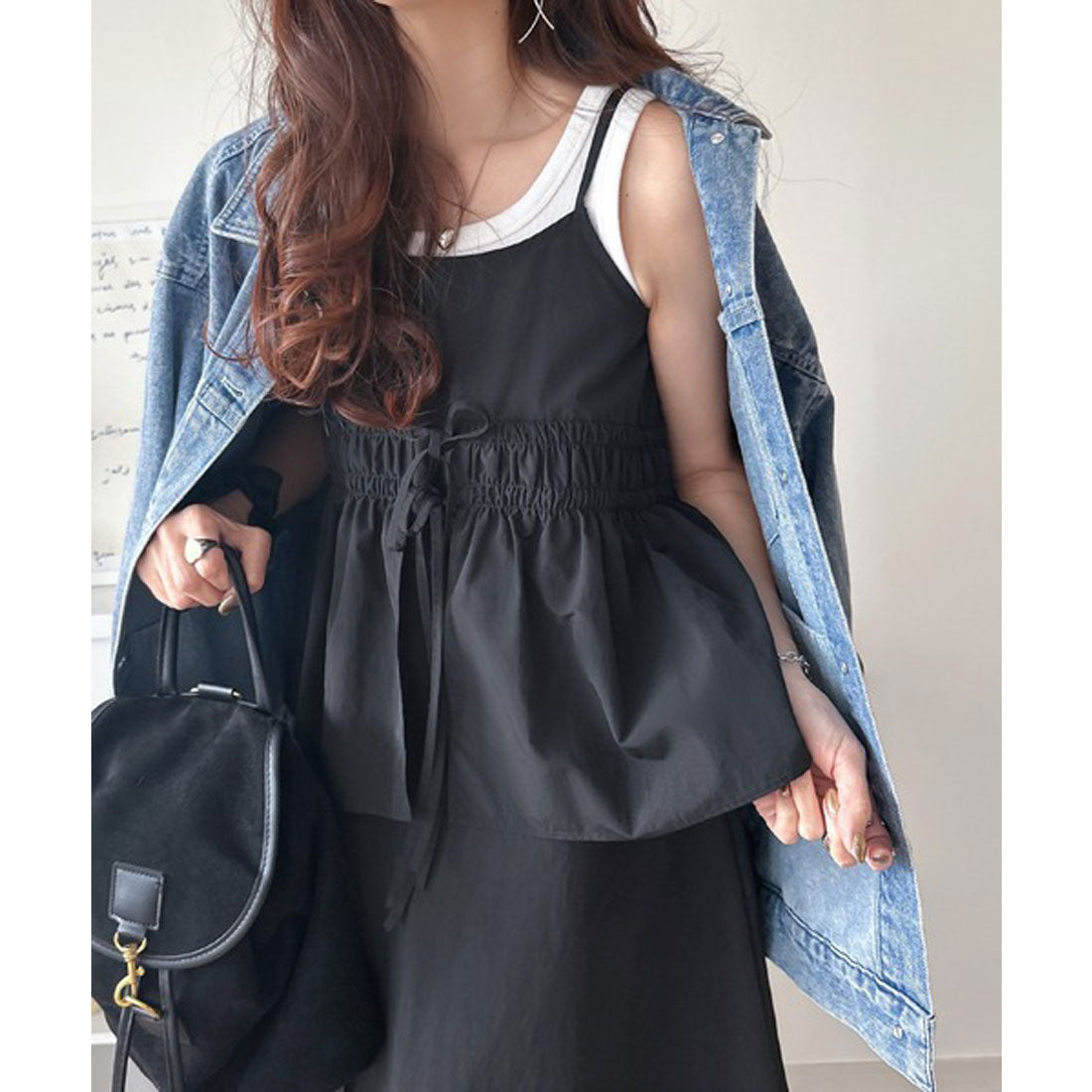 クラシカルエルフ Classical Elf 春 夏 のマストハブ！1枚で即、旬顔。フェイクレイヤードギャザーキャミワンピース （ブラック） ブラック