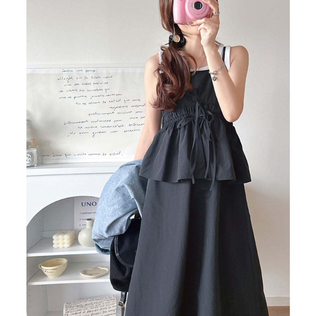 クラシカルエルフ Classical Elf 春 夏 のマストハブ！1枚で即、旬顔。フェイクレイヤードギャザーキャミワンピース （ブラック） ブラック