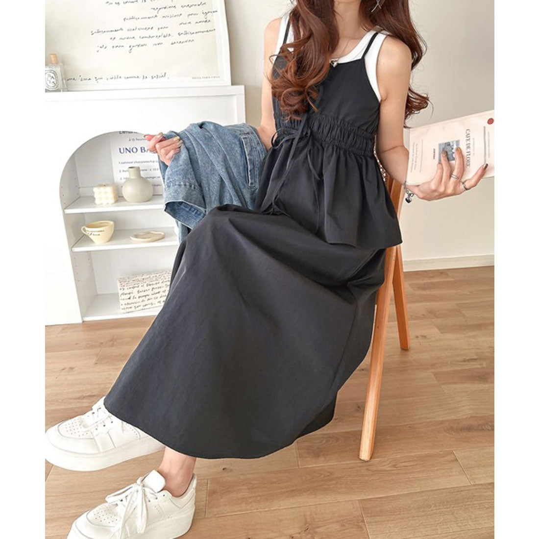 クラシカルエルフ Classical Elf 春 夏 のマストハブ！1枚で即、旬顔。フェイクレイヤードギャザーキャミワンピース （ブラック） ブラック