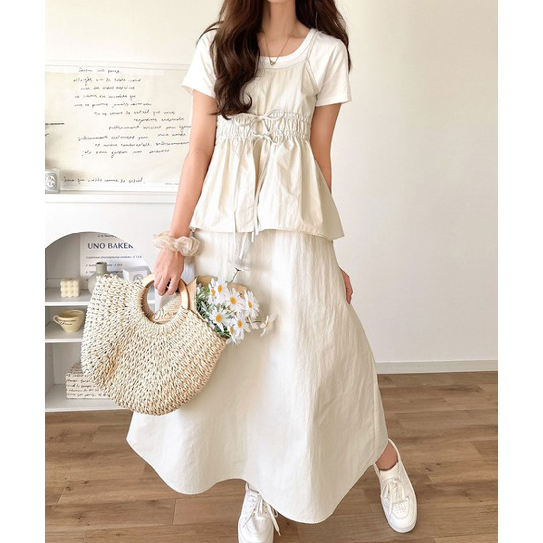 クラシカルエルフ Classical Elf 春 夏 のマストハブ！1枚で即、旬顔。フェイクレイヤードギャザーキャミワンピース （アイボリー） アイボリー