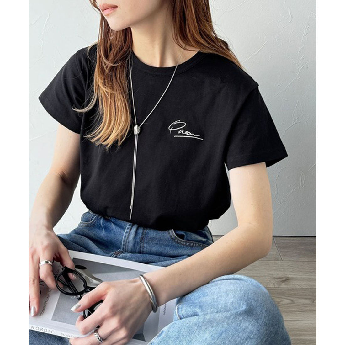 クラシカルエルフ Classical Elf こなれ感たっぷり。オーガニックコットン100％胸元PAEAN刺繍Tシャツ(半袖) （ブラック） ブラック