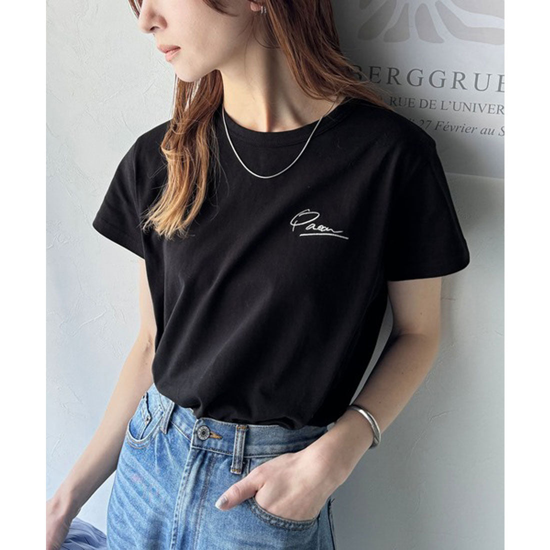 クラシカルエルフ Classical Elf こなれ感たっぷり。オーガニックコットン100％胸元PAEAN刺繍Tシャツ(半袖) （ブラック） ブラック