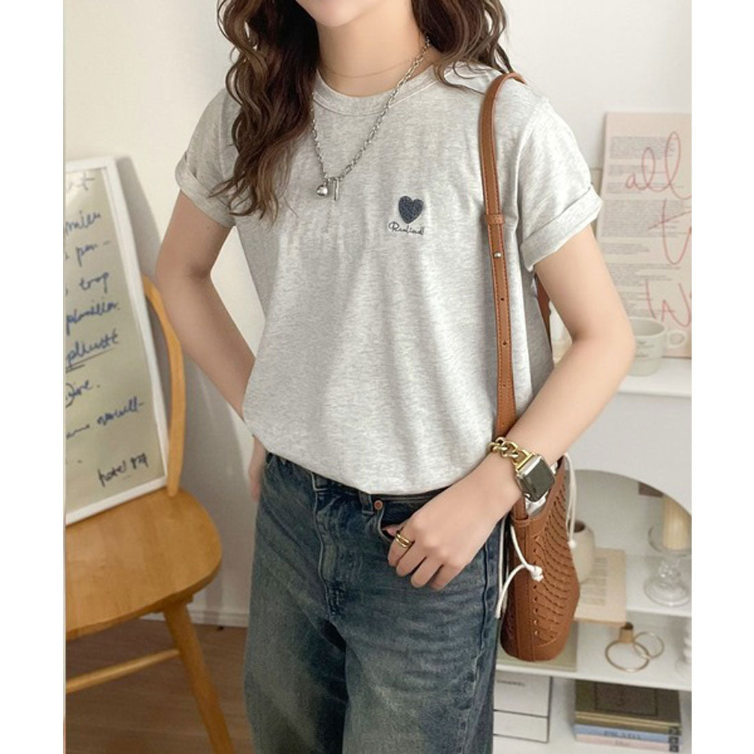 クラシカルエルフ Classical Elf トレンドをまとう。綿100％シルケット風ハート胸サガラ刺繍Tシャツ（半袖） （オートミール） オートミール
