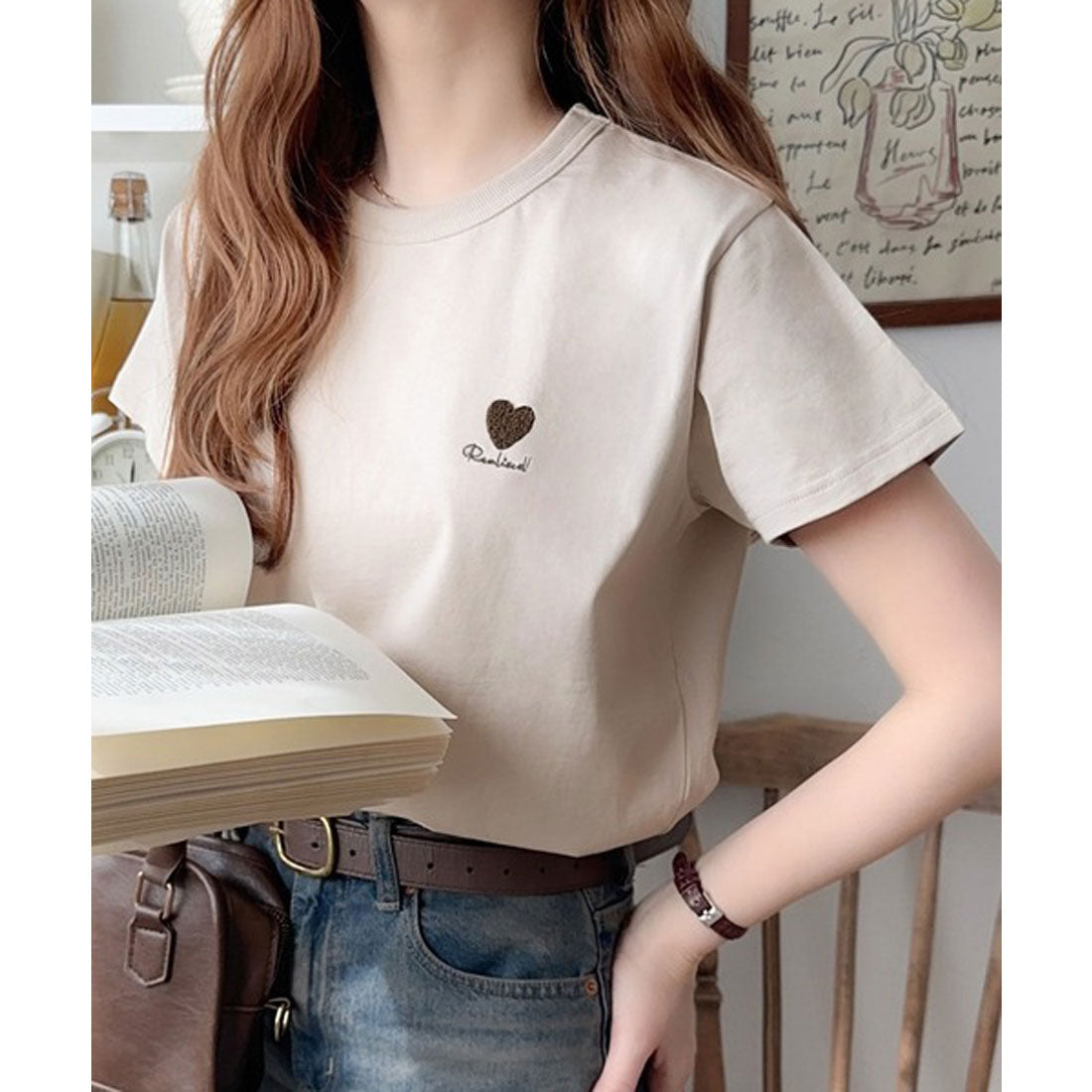 クラシカルエルフ Classical Elf トレンドをまとう。綿100％シルケット風ハート胸サガラ刺繍Tシャツ（半袖） （オートミール） オートミール