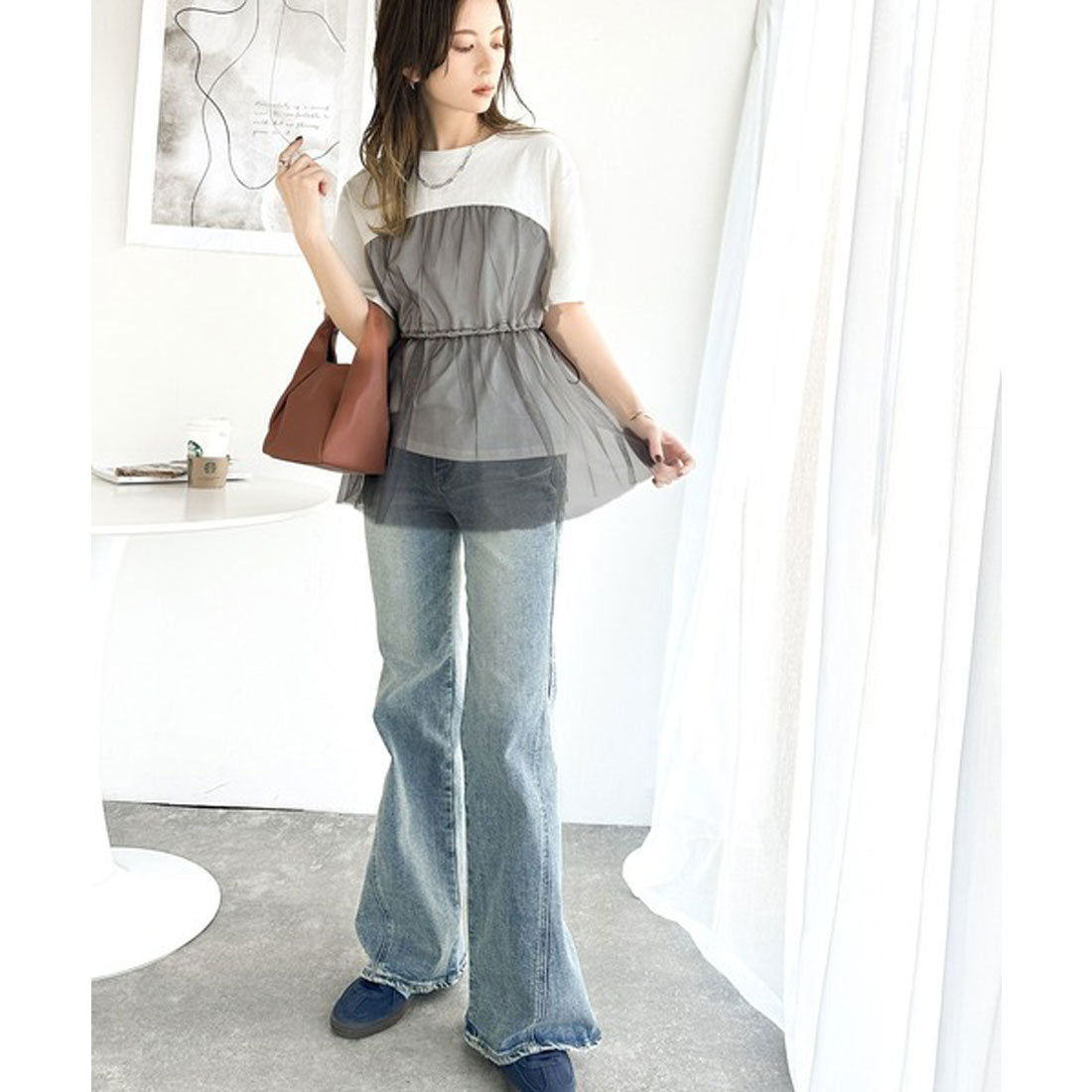クラシカルエルフ Classical Elf 1枚で主役級！綿100%Tシャツ+チュールドッキングドロスト使いトップス(半袖） （ホワイト×チャコール） ホワイト×チャコール