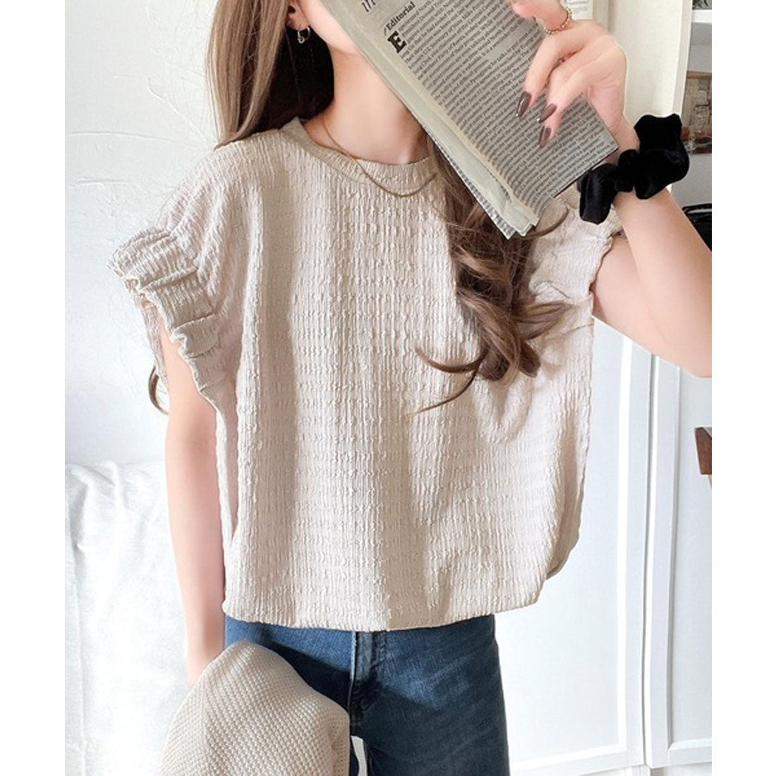 クラシカルエルフ Classical Elf 旬のスタイルを手に入れる。袖くしゅくしゅシャーリング風ジャガードトップス （グレージュ） グレージュ