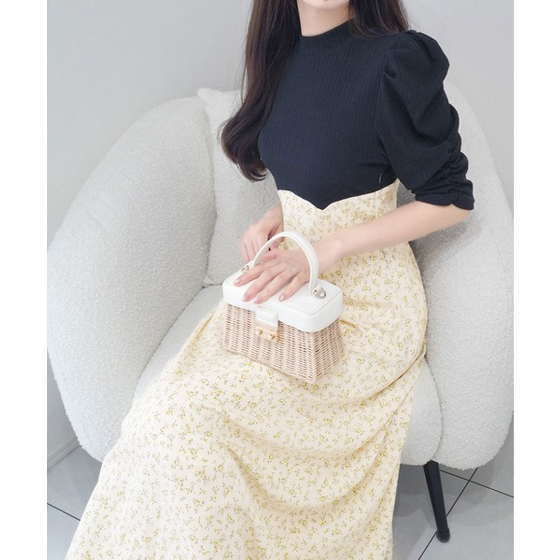 クラシカルエルフ Classical Elf 【mily bilet】一枚で主役級。後ろシアーリボン花柄ドッキング袖ギャザーワンピース（ロング丈） （イエロー） イエロー
