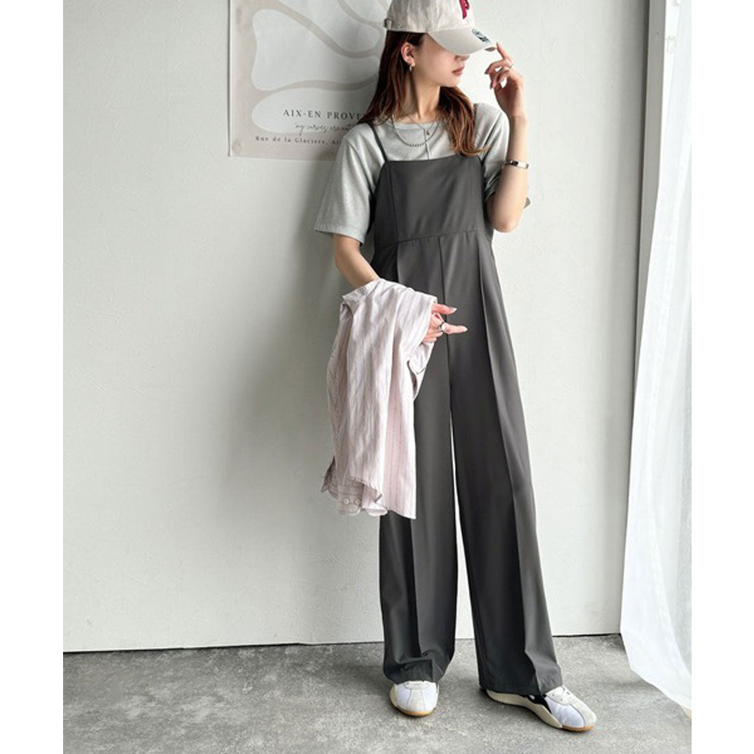 クラシカルエルフ Classical Elf 脚長上品シルエット！センタープレス入りストレッチキャミサロペット （チャコール） チャコール