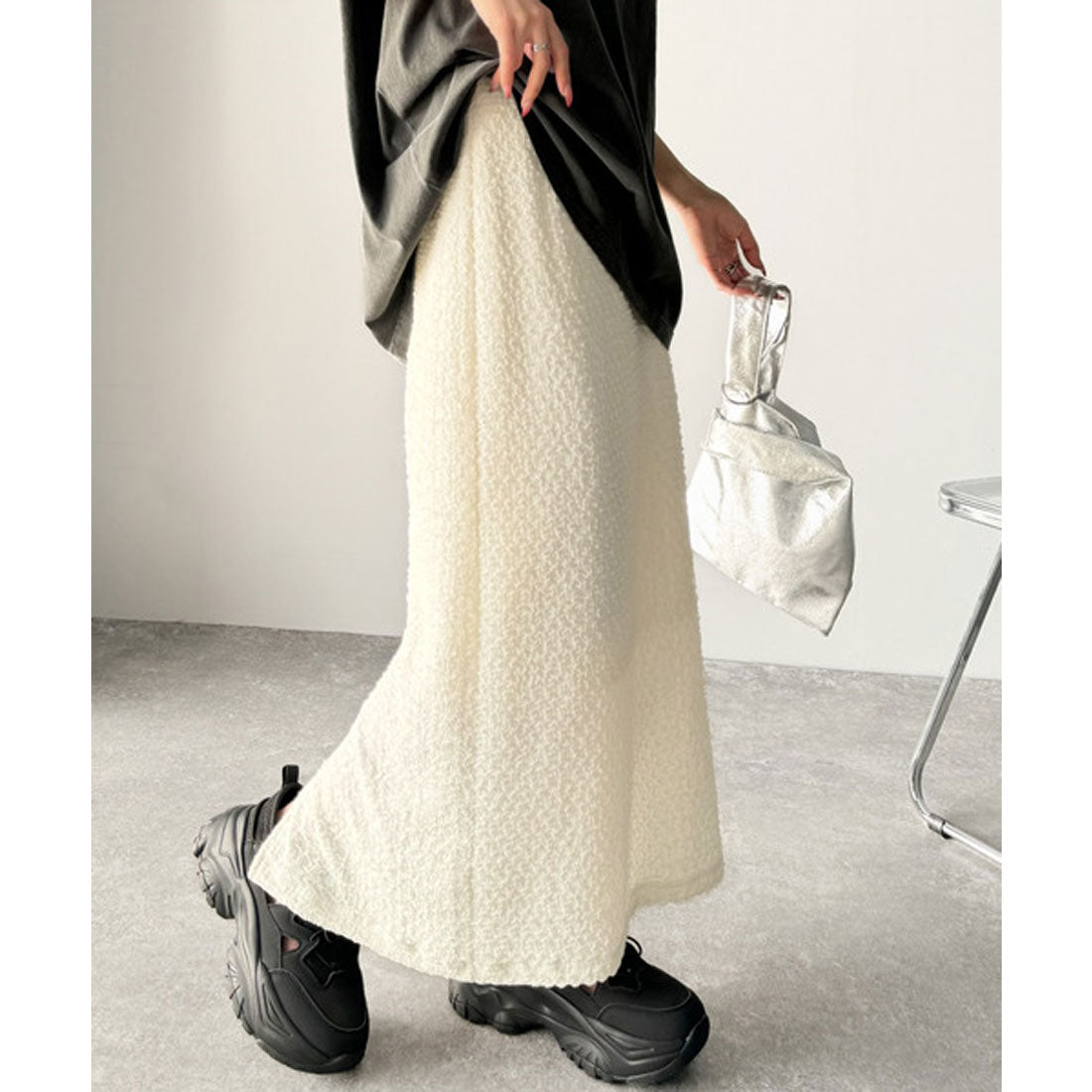 クラシカルエルフ Classical Elf ぽこぽこ素材がかわいい♪シャーリングファブリックストレートスカート(後ろゴム) （アイボリー） アイボリー