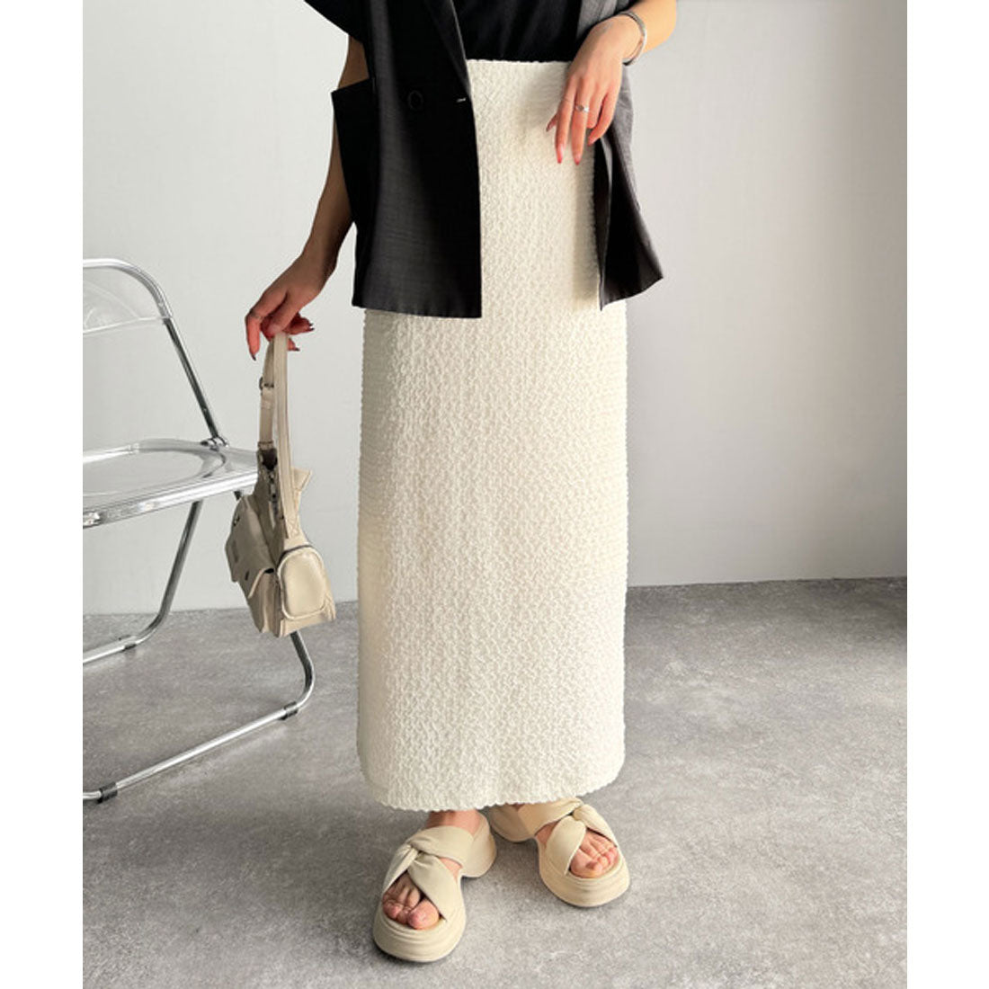 クラシカルエルフ Classical Elf ぽこぽこ素材がかわいい♪シャーリングファブリックストレートスカート(後ろゴム) （アイボリー） アイボリー