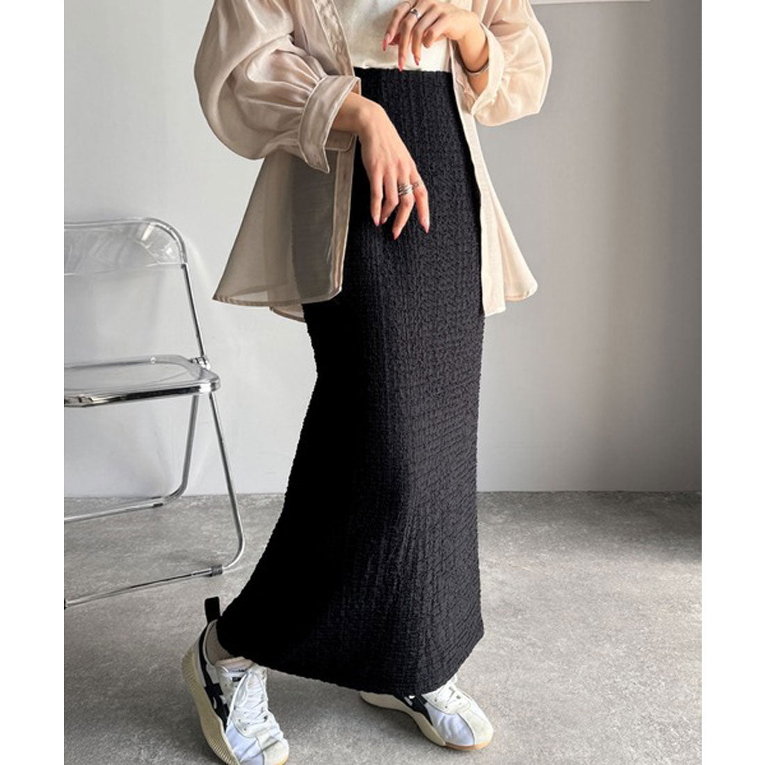 クラシカルエルフ Classical Elf ぽこぽこ素材がかわいい♪シャーリングファブリックストレートスカート(後ろゴム) （ブラック） ブラック