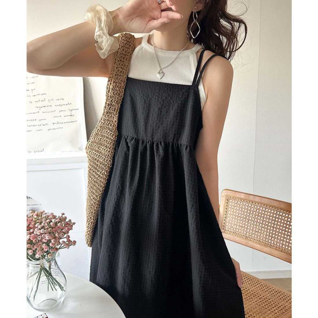 クラシカルエルフ Classical Elf 後ろ姿も可愛く盛れちゃう♪サッカー素材バックリボンフレアキャミワンピ （ブラック） ブラック