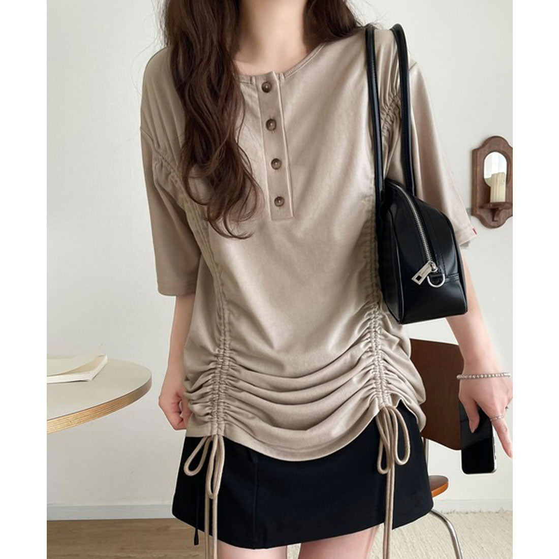 クラシカルエルフ Classical Elf 《JaVaジャバコラボ》私だけの一枚。前後2wayヘンリーネックドロストチュニックTシャツ(半袖) （ベージュ） ベージュ