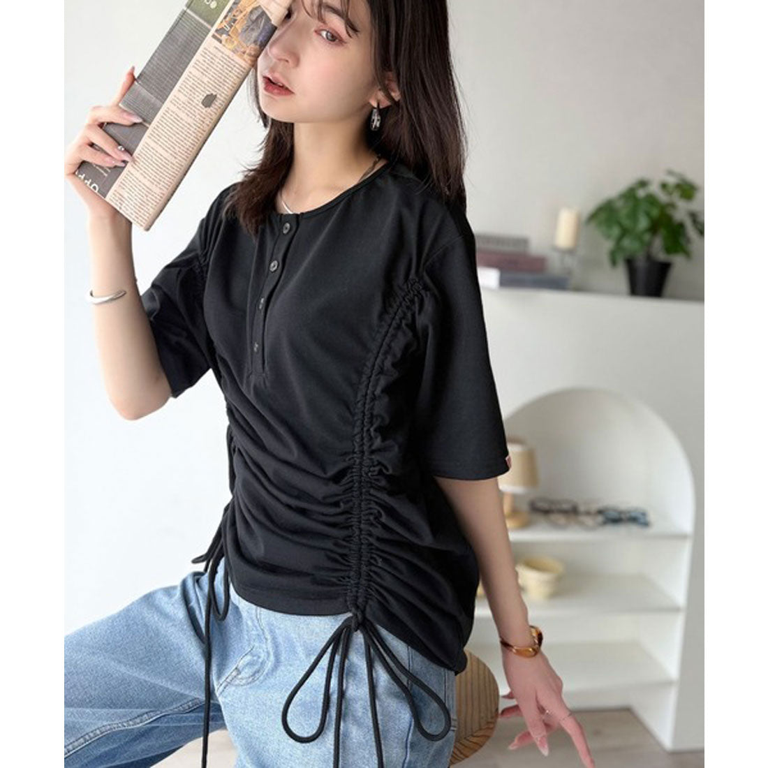 クラシカルエルフ Classical Elf 《JaVaジャバコラボ》私だけの一枚。前後2wayヘンリーネックドロストチュニックTシャツ(半袖) （ベージュ） ベージュ