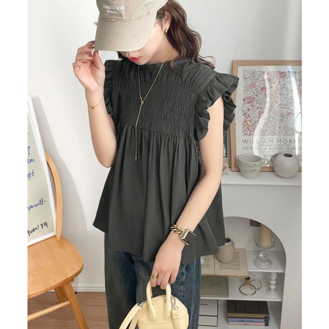 クラシカルエルフ Classical Elf 全方向、大人フェミニン！胸元ギャザーフリルスリーブAラインブラウス （チャコール） チャコール