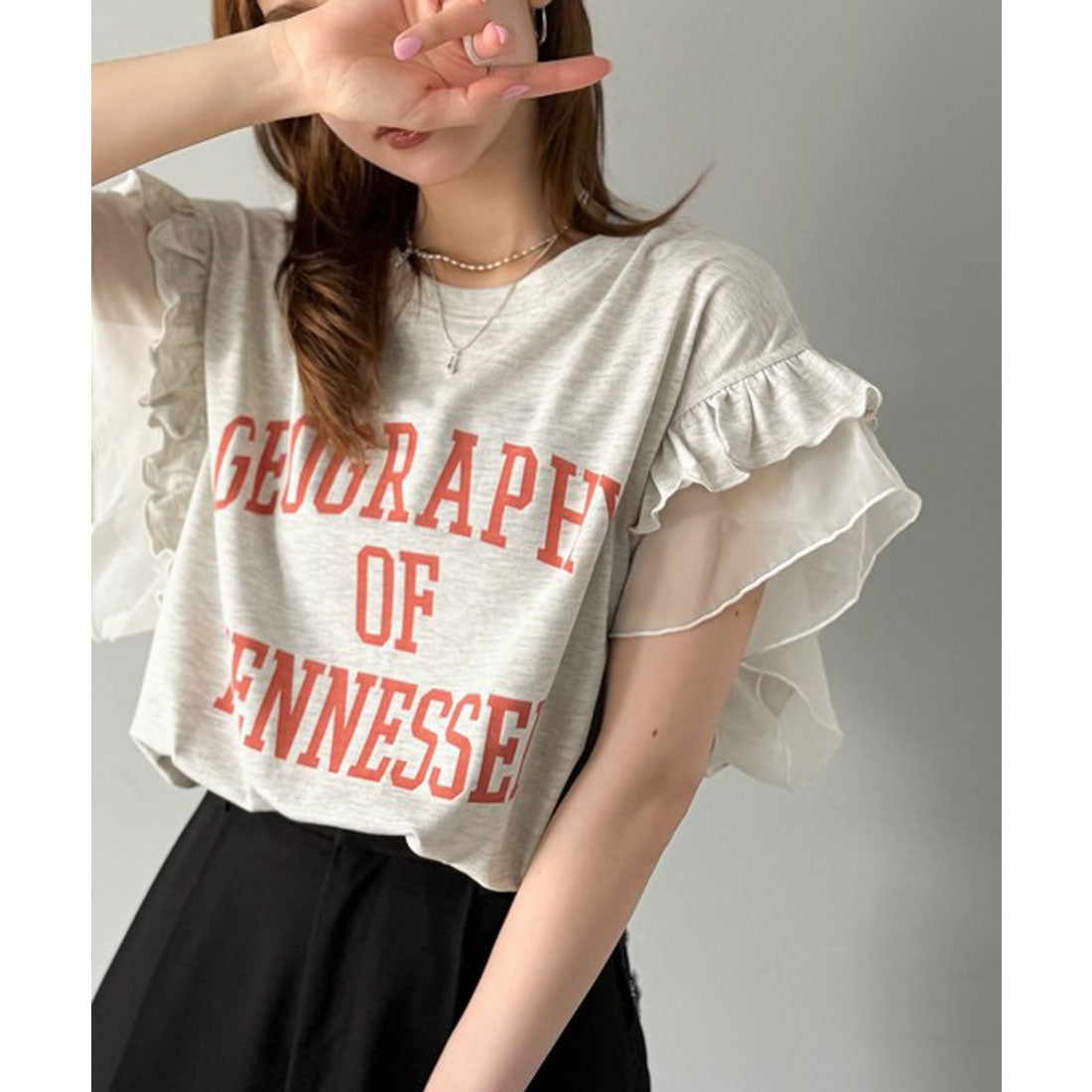 クラシカルエルフ Classical Elf 【mily bilet】可愛さふわり2倍増し！ ダブルフリル袖カレッジライクロゴゆるTシャツ （オートミール） オートミール