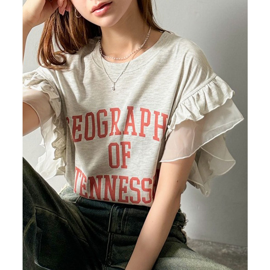 クラシカルエルフ Classical Elf 【mily bilet】可愛さふわり2倍増し！ ダブルフリル袖カレッジライクロゴゆるTシャツ （オートミール） オートミール