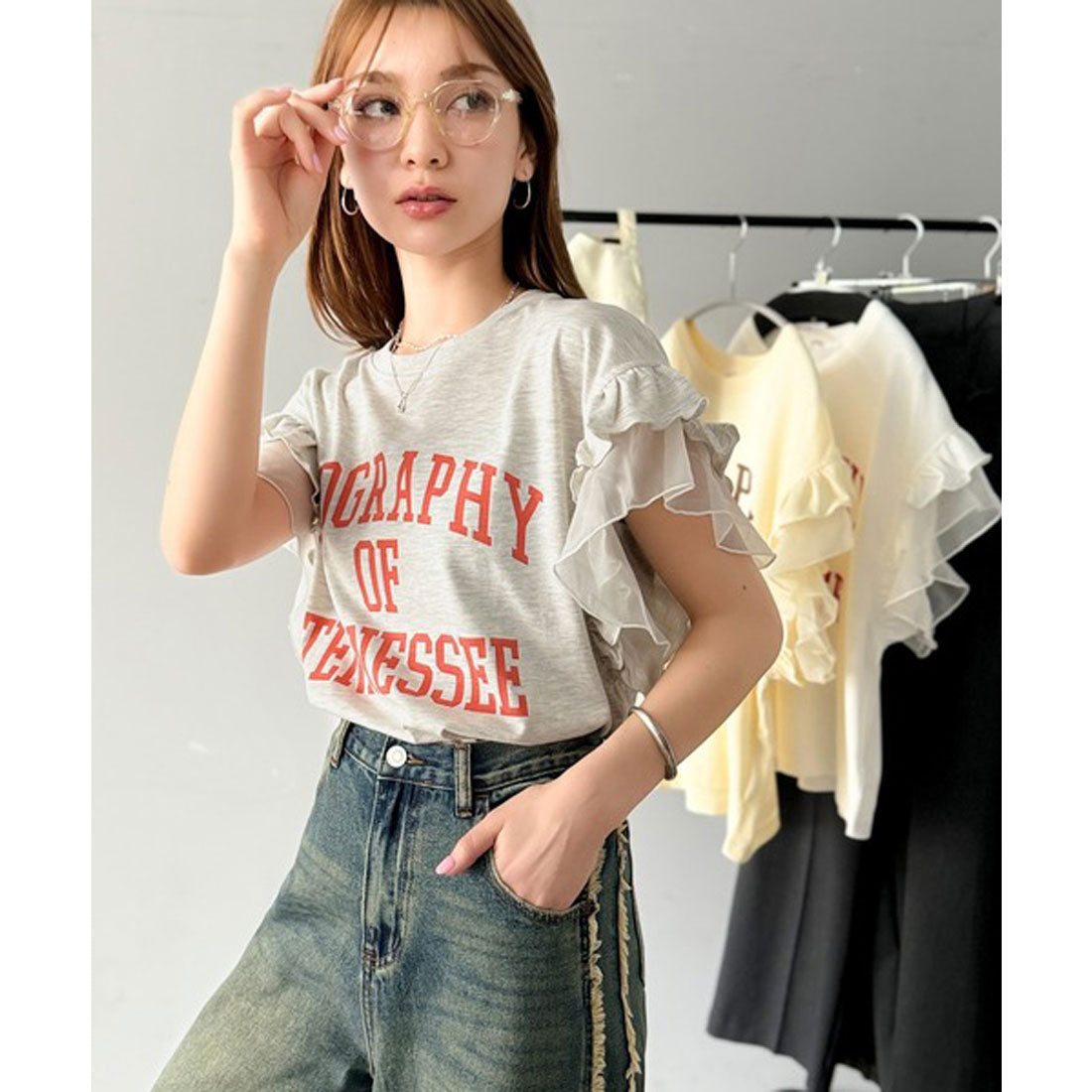 クラシカルエルフ Classical Elf 【mily bilet】可愛さふわり2倍増し！ ダブルフリル袖カレッジライクロゴゆるTシャツ （オートミール） オートミール