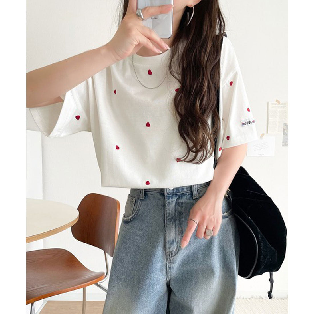 クラシカルエルフ Classical Elf 《JaVaジャバコラボ》春夏のカジュアルに、大人の“可愛い”をプラス。ミニハート刺繍Tシャツ（半袖） （オフホワイト×レッド） オフホワイト×レッド