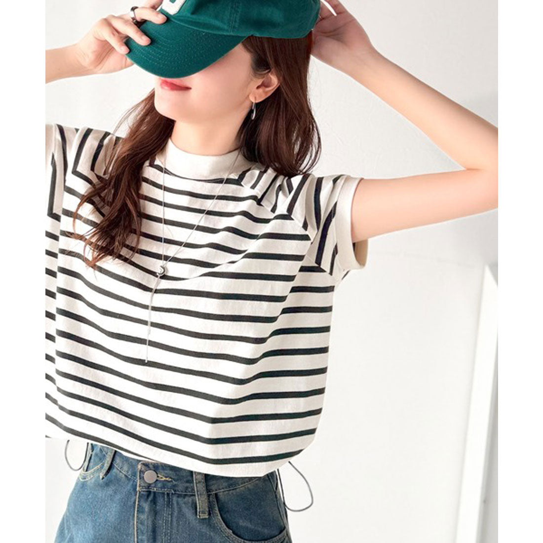 クラシカルエルフ Classical Elf 綿100%USAコットン。大人のモックネックフレンチラグラン裾ドロストシンプルTシャツ （ボーダー） ボーダー