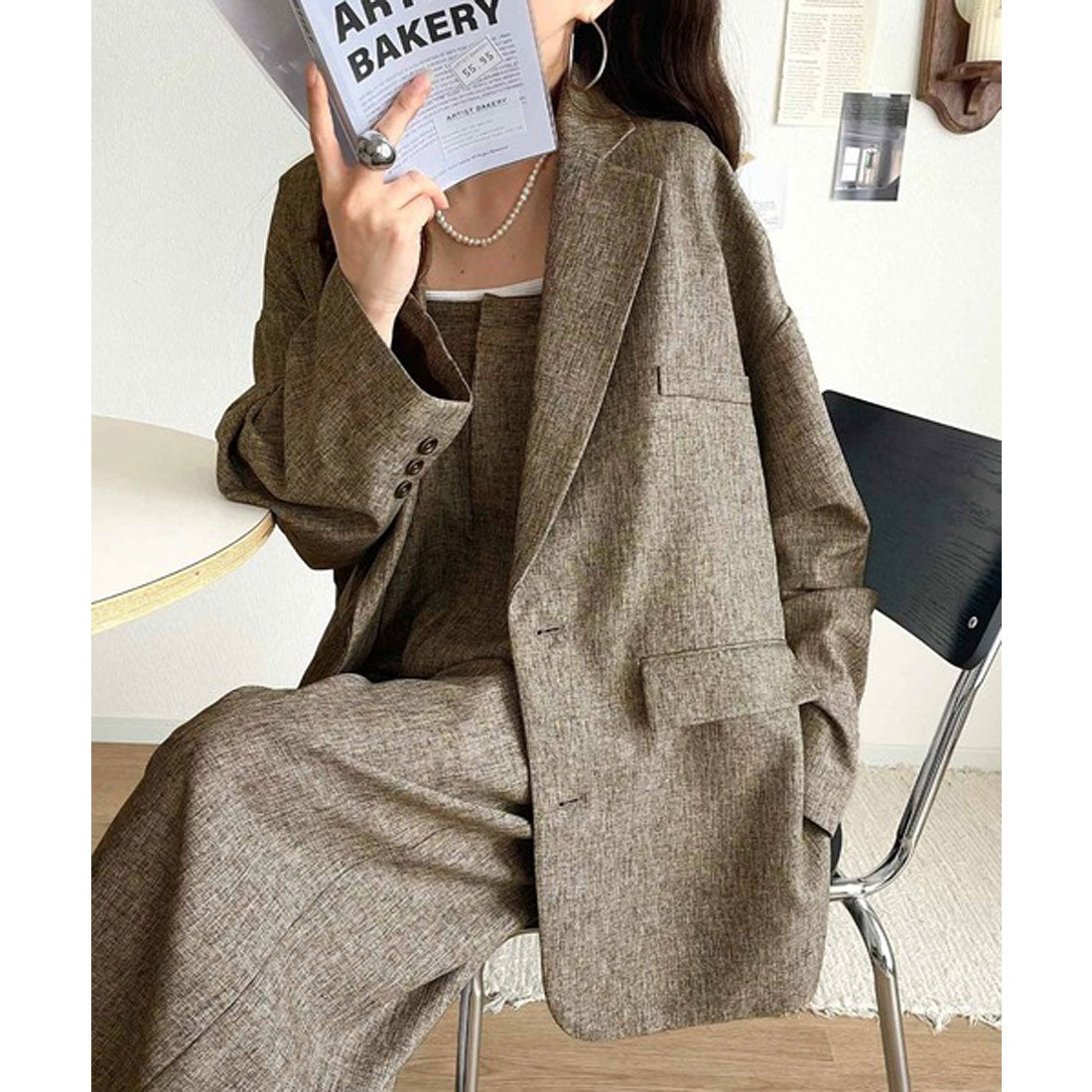 クラシカルエルフ Classical Elf 羽織るだけでキマる。袖タックヘリンボーンオーバーサイズジャケット（セットアップ可） （グレージュ） グレージュ