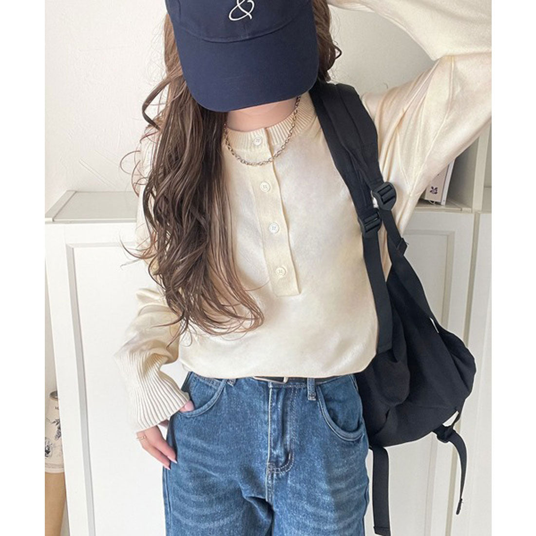 クラシカルエルフ Classical Elf ニットのぬくもりに、少しのアクセント。前後2wayヘンリーネックニットプルオーバー（長袖） （アイボリー） アイボリー