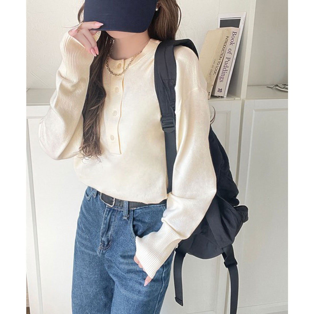 クラシカルエルフ Classical Elf ニットのぬくもりに、少しのアクセント。前後2wayヘンリーネックニットプルオーバー（長袖） （アイボリー） アイボリー