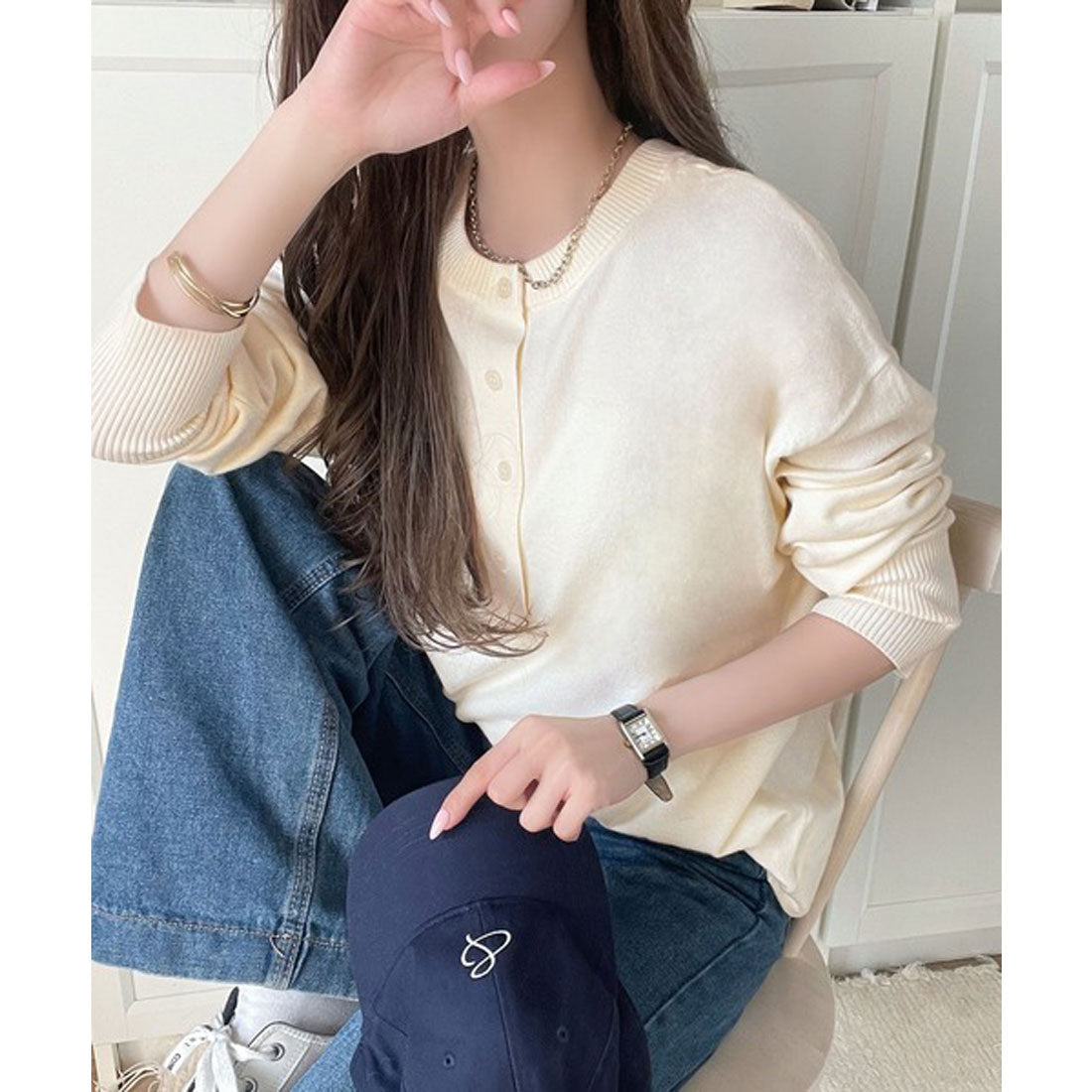 クラシカルエルフ Classical Elf ニットのぬくもりに、少しのアクセント。前後2wayヘンリーネックニットプルオーバー（長袖） （アイボリー） アイボリー