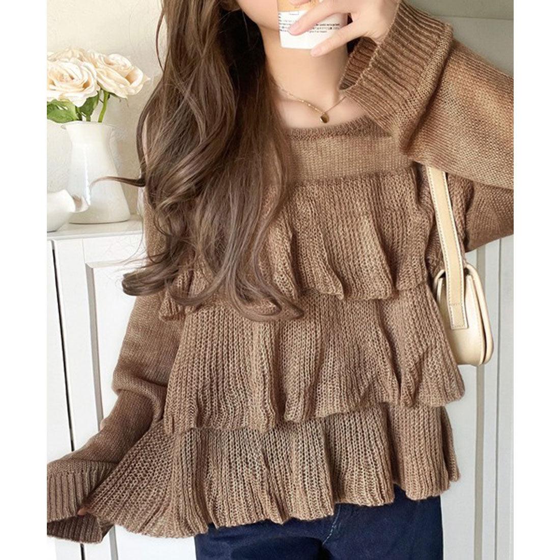 クラシカルエルフ Classical Elf ふんわり大人フェミニン♪ティアードフリルモヘアタッチメッシュ編みニット（長袖） （キャメル） キャメル
