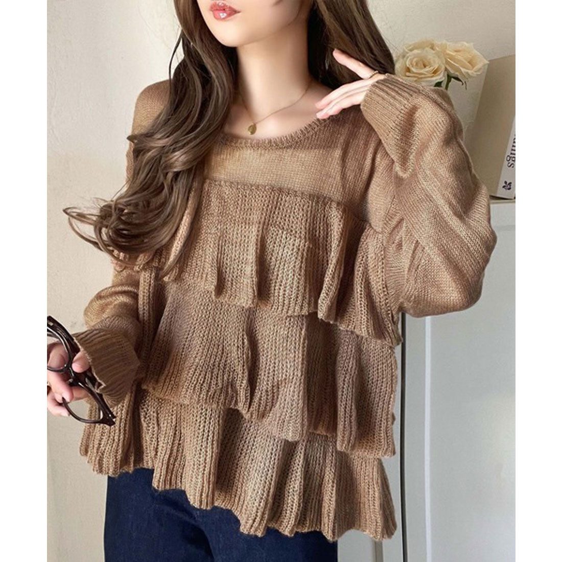 クラシカルエルフ Classical Elf ふんわり大人フェミニン♪ティアードフリルモヘアタッチメッシュ編みニット（長袖） （キャメル） キャメル