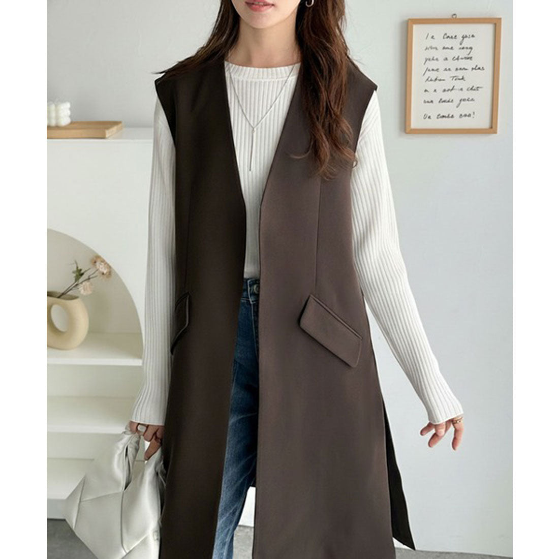 クラシカルエルフ Classical Elf 足し算でファッションを楽しむ♪フラップポケット付きロングジレ（セットアップ可能） （ブラウン） ブラウン