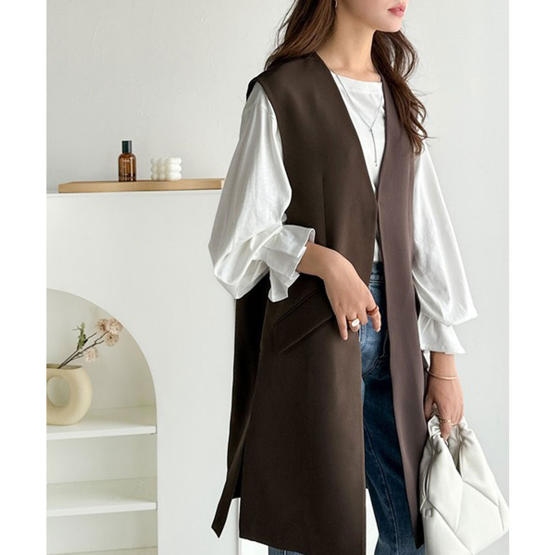 クラシカルエルフ Classical Elf 足し算でファッションを楽しむ♪フラップポケット付きロングジレ（セットアップ可能） （ブラウン） ブラウン