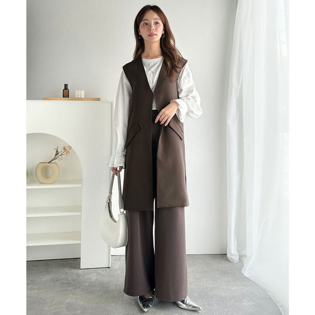 クラシカルエルフ Classical Elf 足し算でファッションを楽しむ♪フラップポケット付きロングジレ（セットアップ可能） （ブラウン） ブラウン