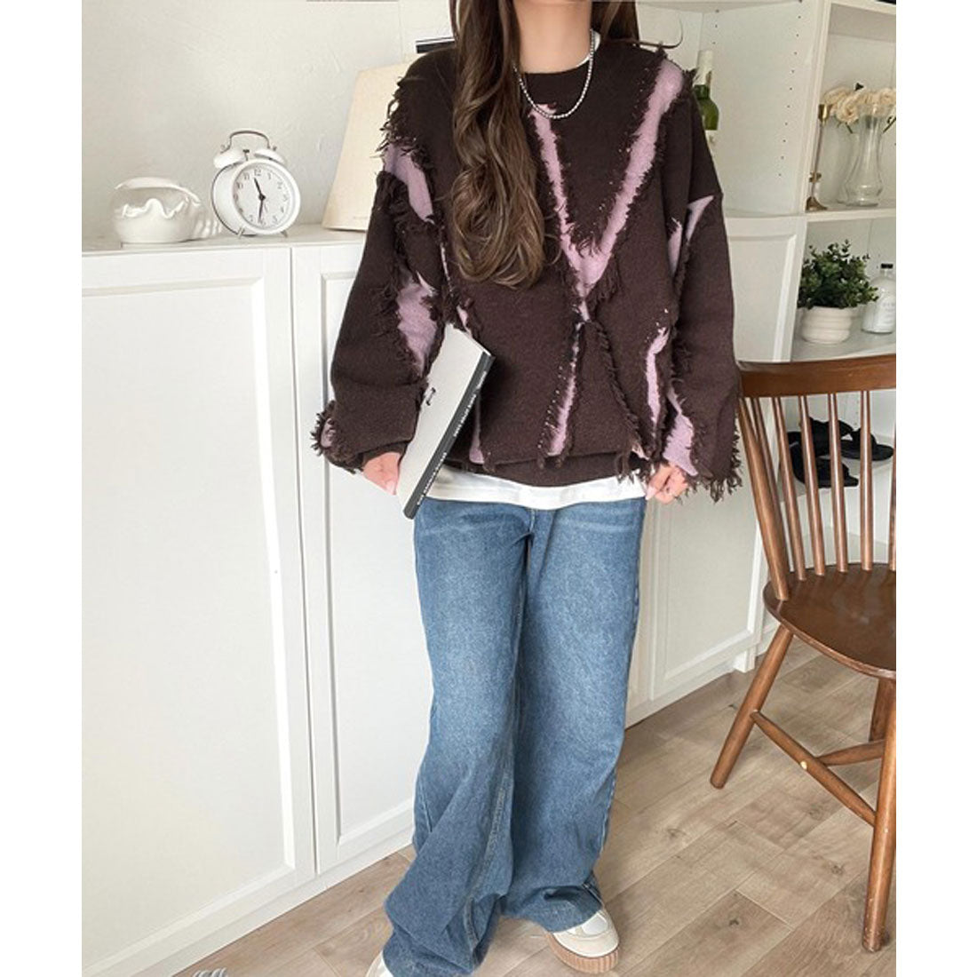 クラシカルエルフ Classical Elf ゆるっとこなれ感◎男女兼用可♪フリンジ配色オーバーニット（長袖） （ブラウン） ブラウン