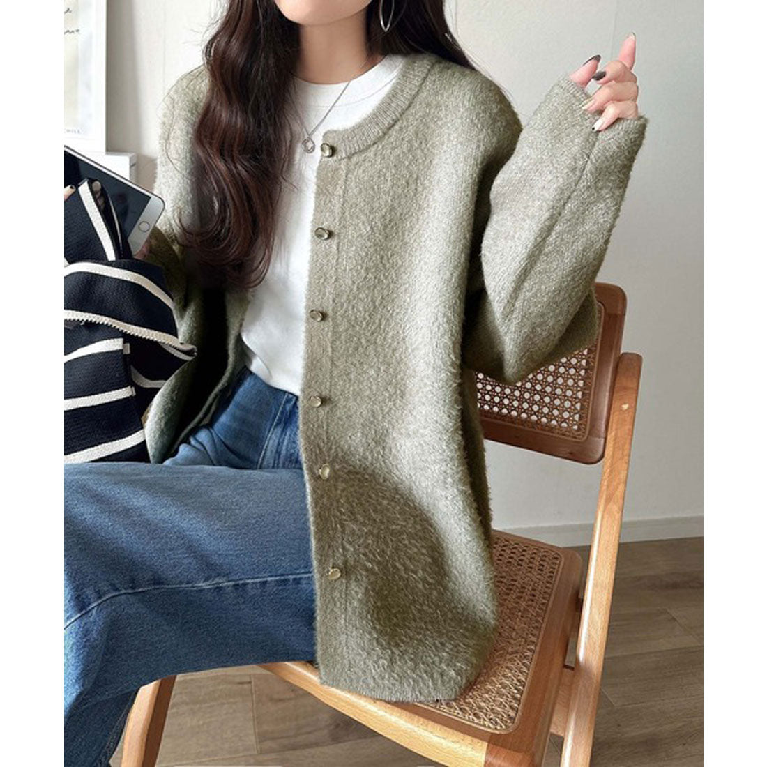 クラシカルエルフ Classical Elf 絶妙な配色がお洒落心をくすぐる！ダブルフェイスフェザーカーディガン （グレージュ） グレージュ