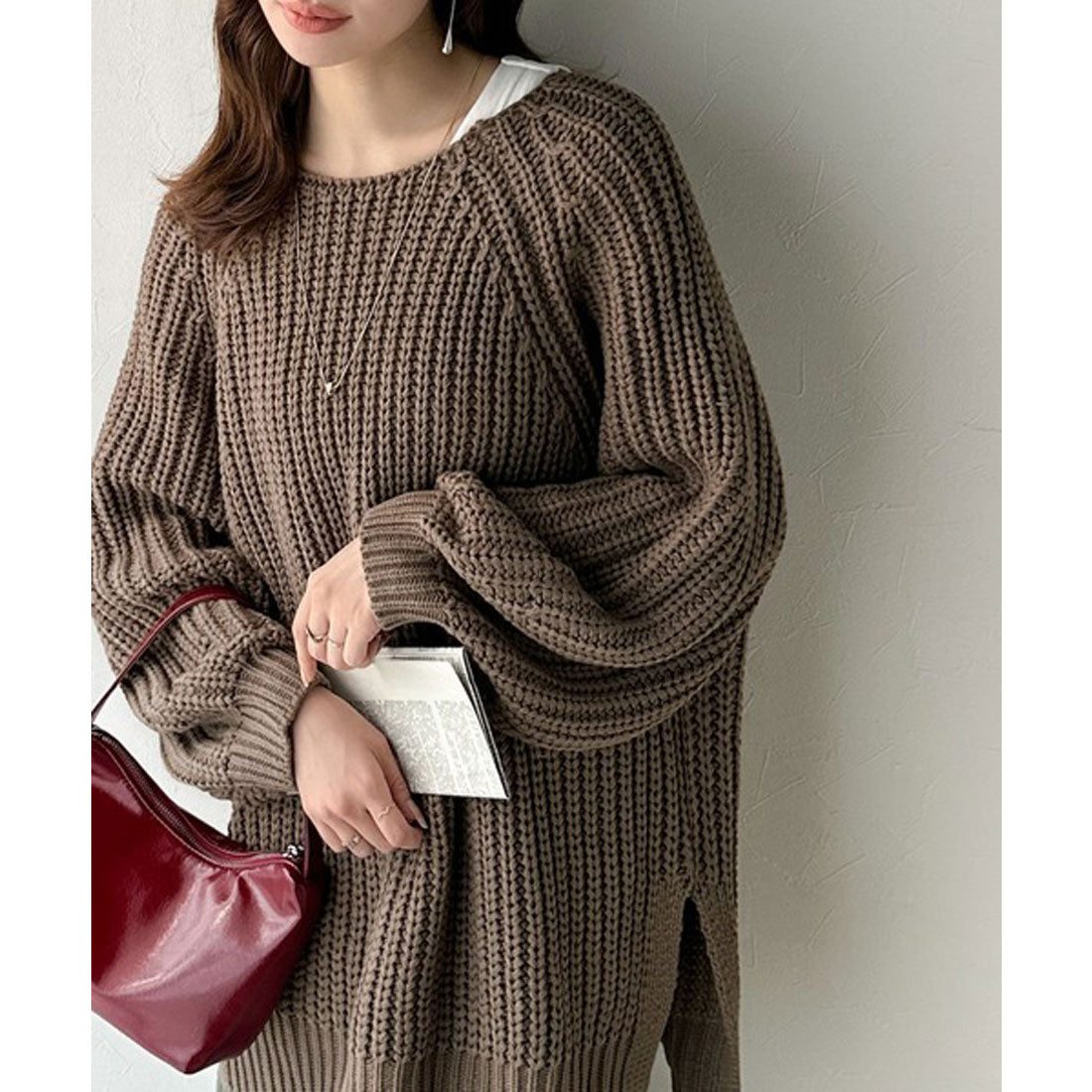 クラシカルエルフ Classical Elf 後ろ姿まで抜け感UP♪ケーブル編みバックデザイン×ルース片畦ビッグラグランニット （モカ） モカ