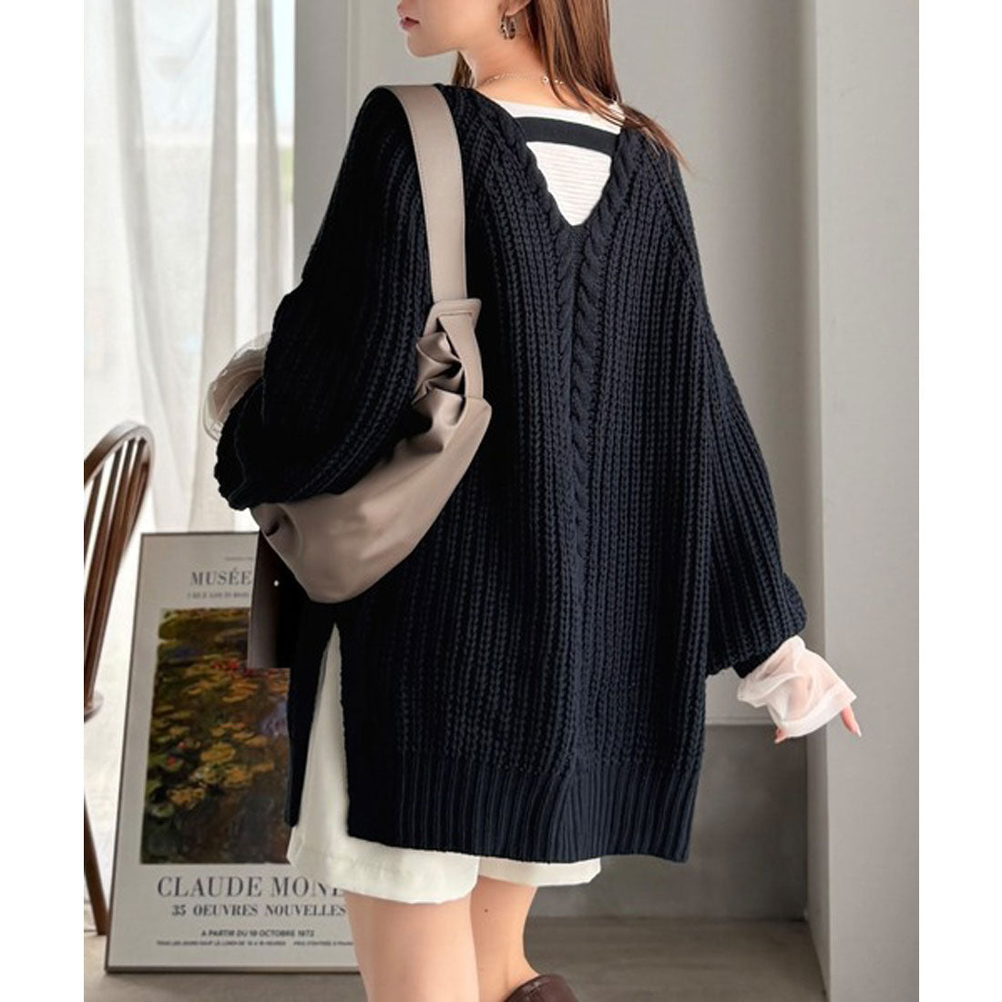 クラシカルエルフ Classical Elf 後ろ姿まで抜け感UP♪ケーブル編みバックデザイン×ルース片畦ビッグラグランニット （モカ） モカ